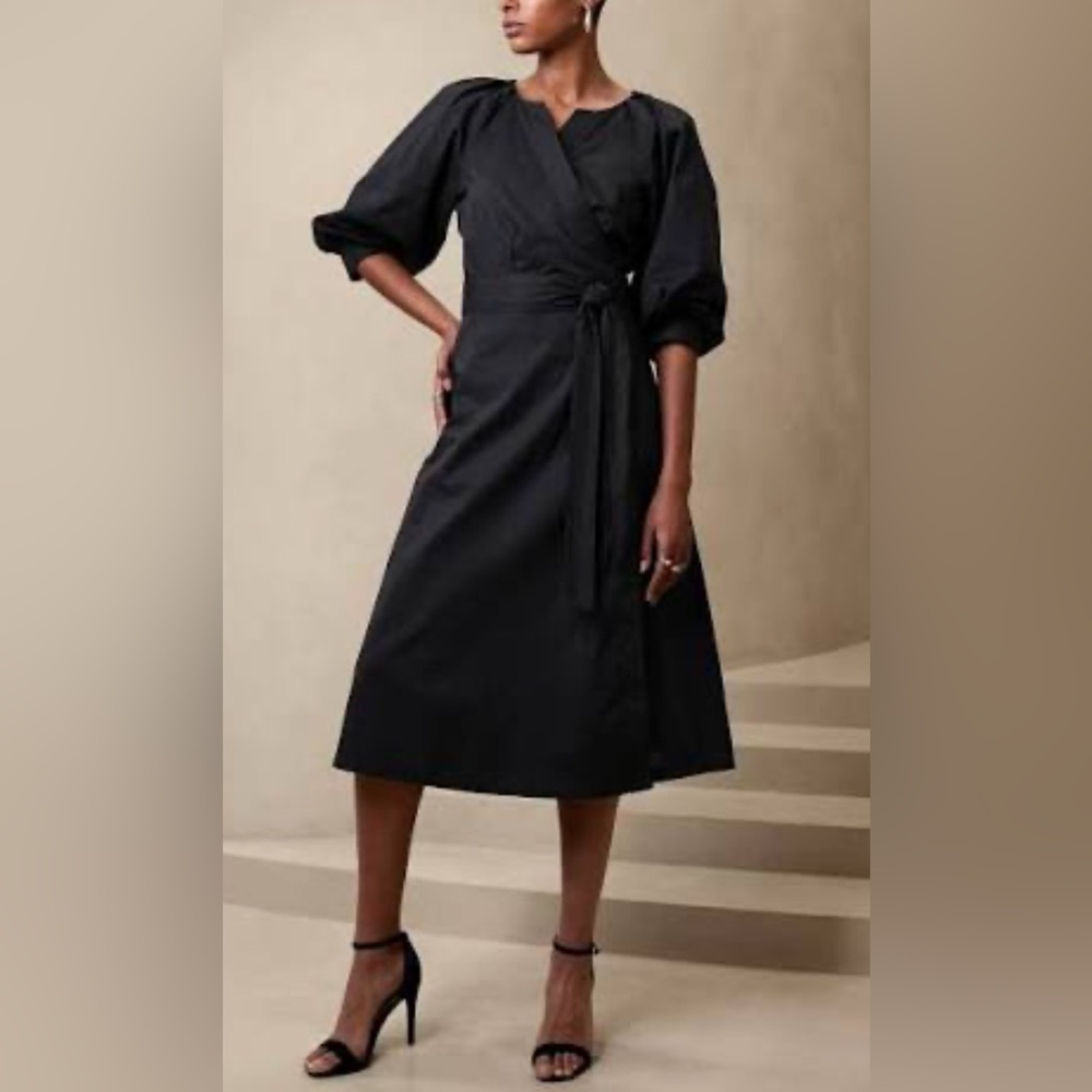 Banana Republic Petite Small Black Wrap Midi Dress Blousant Sleeve Cotton NWT